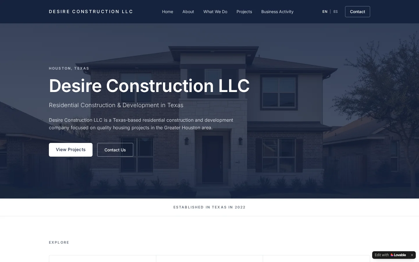 Desire Construction LLC: captura del sitio en computadora